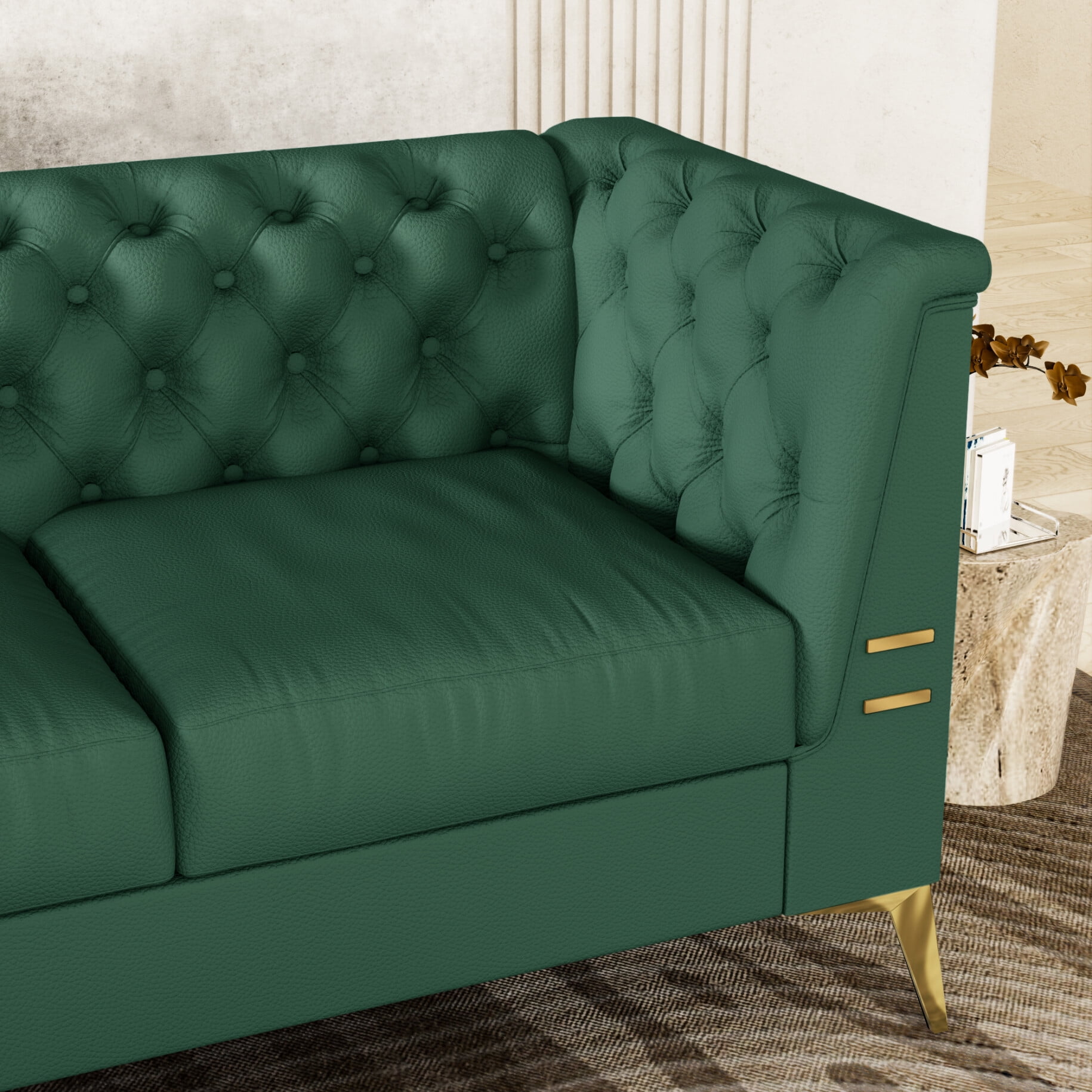 Classic PU Chesterfield Sofa,3 Seater Sofa Couch with Metal Legs