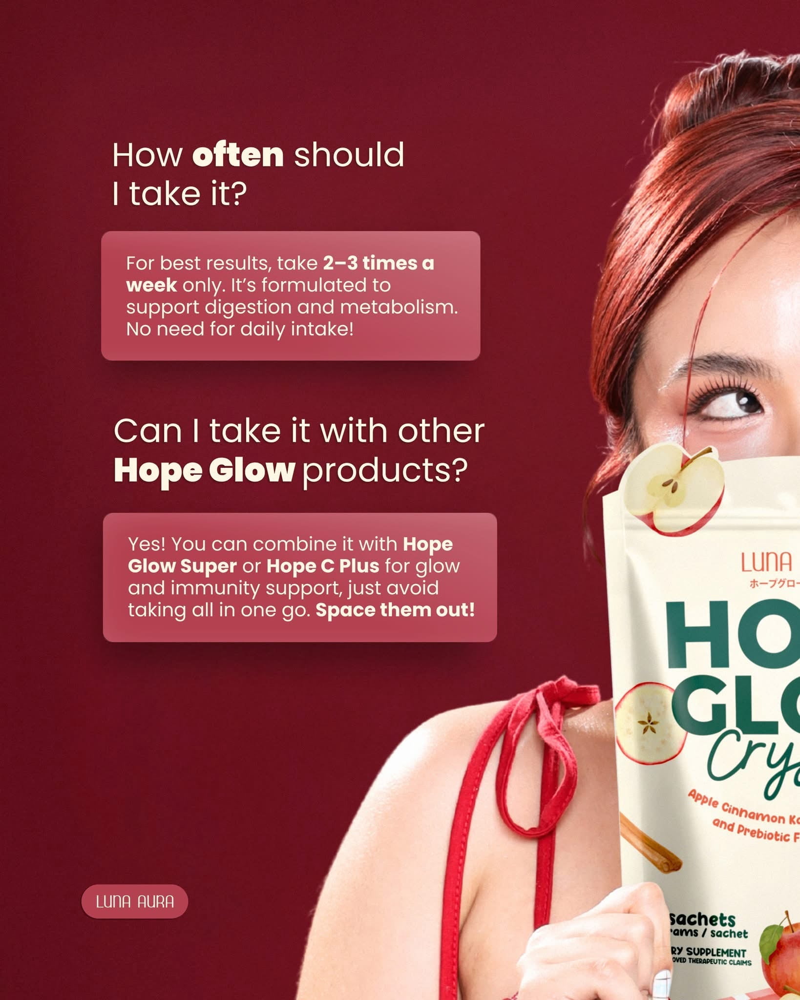 HOPE GLOW Crystal Apple Cinnamon Kombucha - Probiotic & Prebiotic Fiber Juice Drink (18g x 10 Sachets) with S-Acetyl Glutathione for Radiant Skin & Healthy Gut Support