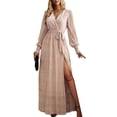 thumbnail image 1 of Vestido largo de mujer con cuello en V fruncido con volantes, manga acampanada, lentejuelas cruzadas, abertura lateral, cintura alta, vestido largo con cinturón, 1 of 6