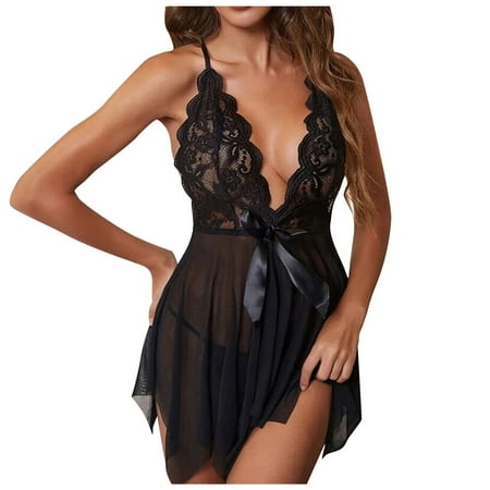 Midwennn Women s Lace Mesh Patchwork Sexy Nightgown With Deep V Neck Hook Seductive Suspender Skirt plus Size Lingerie for Women Stockings for Women Lingerie
