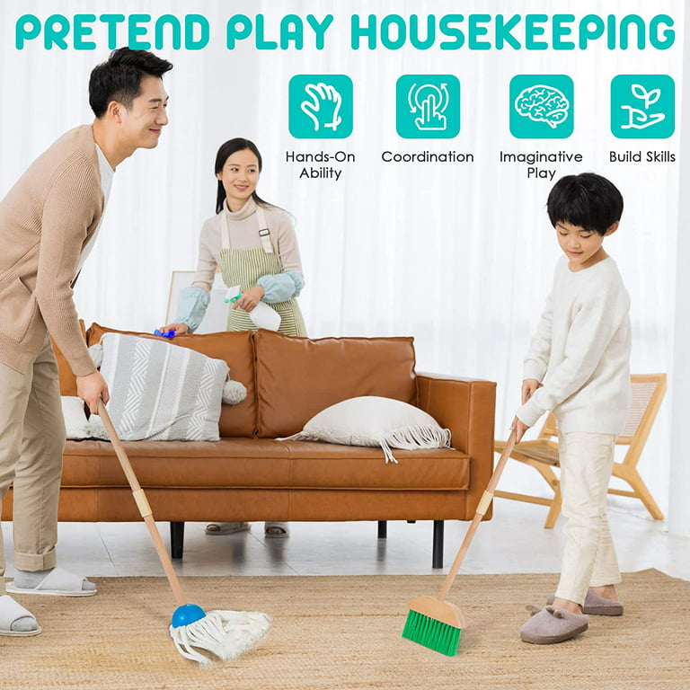 7 Pack Cleaning Set Kid's Housekeeping Tools Kitchen Toys,Includes Mop  Broom,Dust-pan,Brush,Apron,Rag,Chenille Duster Boy Girl Career Role Play