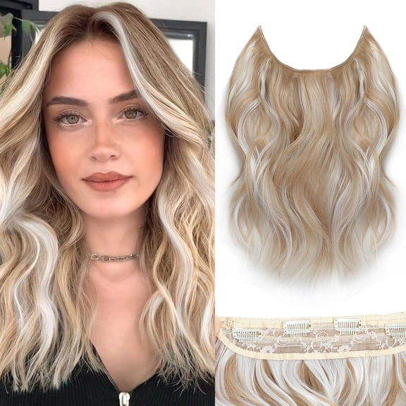Halo Hair Extensions 12 Inch Invisible Wire Hair Extensions Adjustable Long Wavy Hairpiece Synthetic Upgrade 4 Secure Clips in Hairpieces 12 Inch,Dark Golden Mix Platinum Blonde