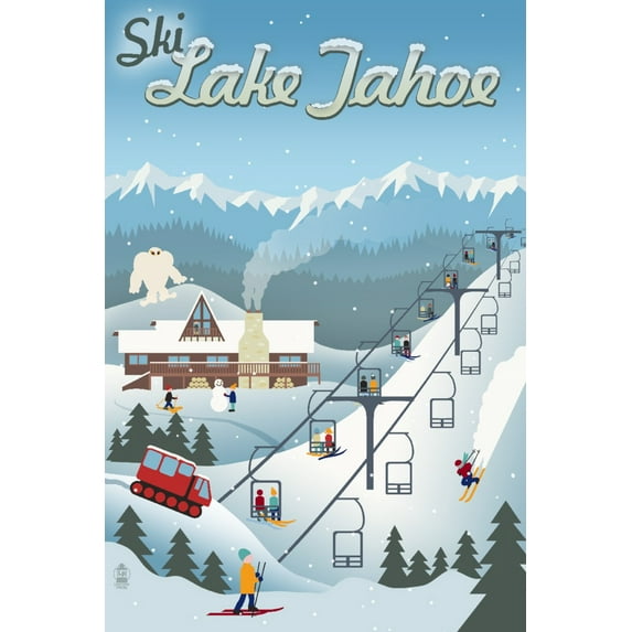 Lake Tahoe, California, Retro Ski Resort (36x54 Giclee Gallery Art Print, Vivid Textured Wall Decor)
