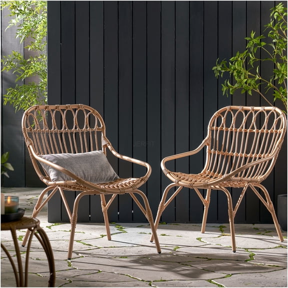 JERFIT Boho Rattan Accent Chairs Set of 2, Light Brown Patio Chairs for Porch, Backyard, Garden, Indoor Outdoor Use with 400lb Capacity