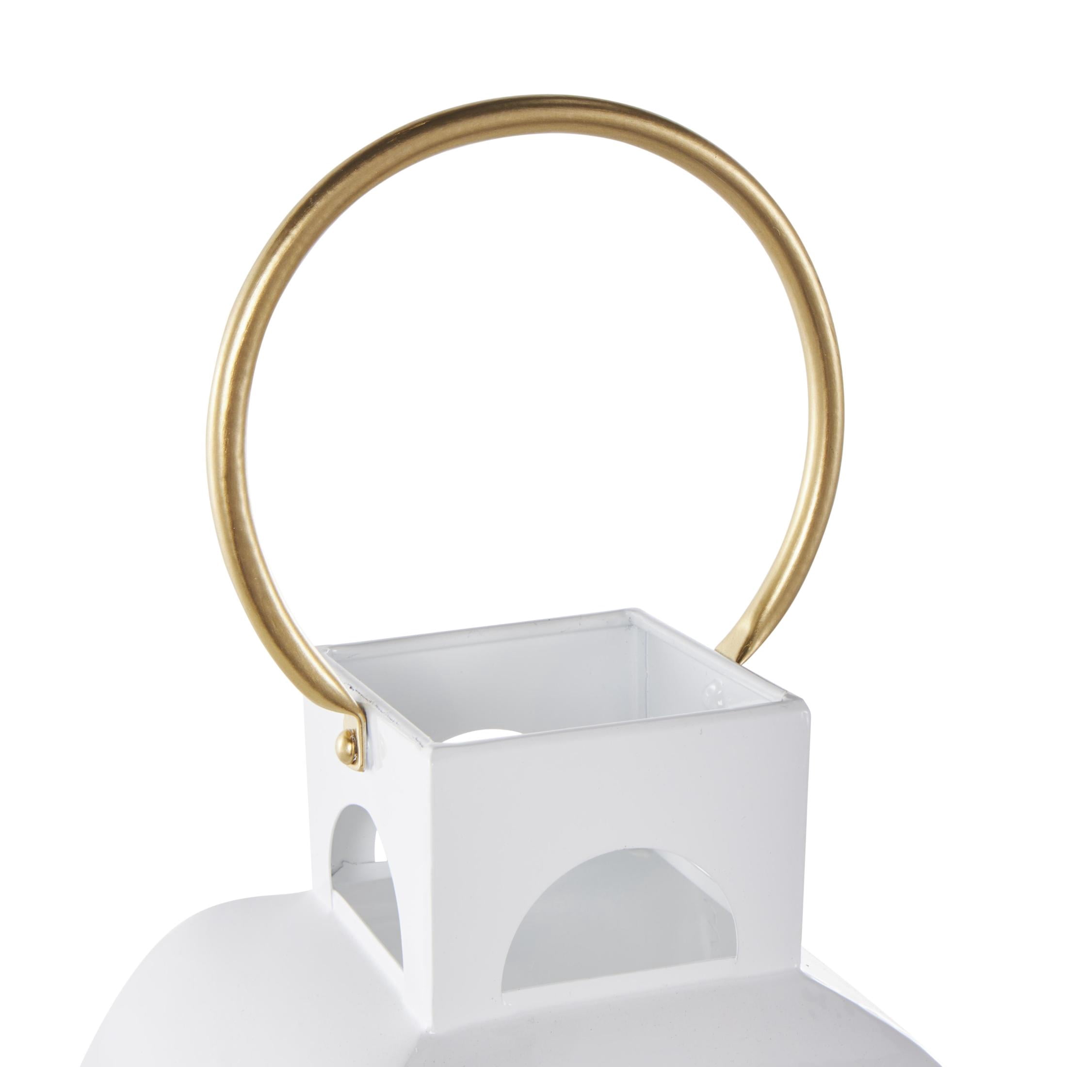 DecMode White Metal Tall Arched Cutout Candle Lantern with Gold Handle
