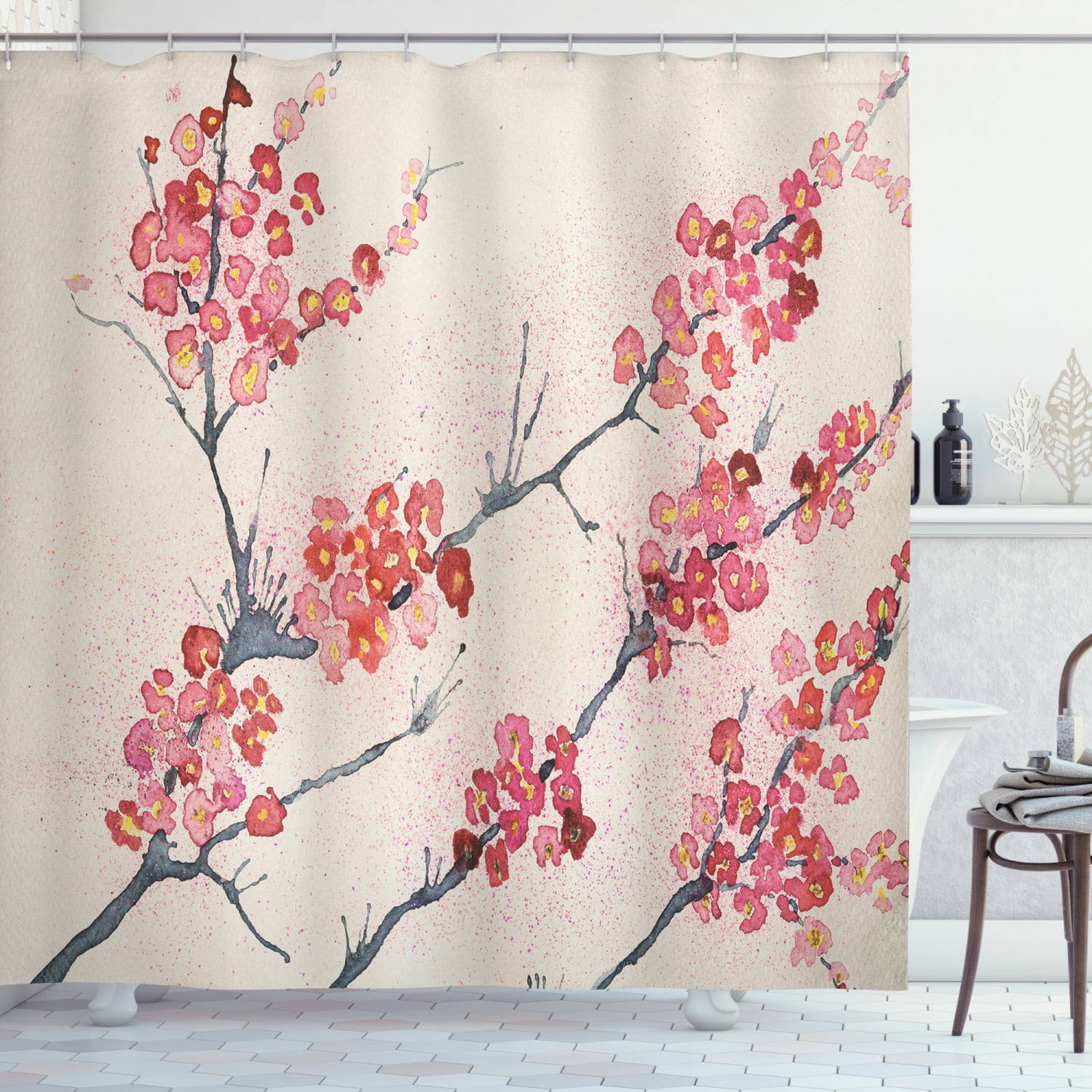 Ambesonne Cherry Blossom Shower Curtain Cloth Fabric Bathroom Decor Set with Hooks 70 Long Japanese Folkloric Themed Sakura Tree Grey Yellow Dark Coral 