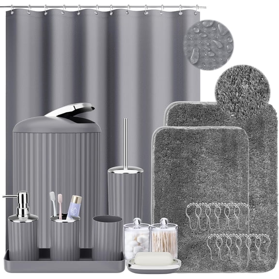 24 PCS Gray Bathroom Accessories Set with Shower Curtain and Rugs, Bathroom Sets with Extra Soft and Absorbent Bath Rugs Shower Curtain Bathroom Accessory for Bath