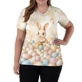 thumbnail image 3 of Easter Womens Scrubs Tops Y2k V Neck Bunny Egg Printed Working Uniform Nurse Short Sleeve Tees Plus Size 2026 Soft Stretch Pullover Tops, #01 Khaki S, 3 of 5