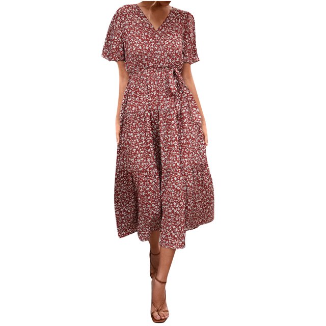 Moda mujer verano impreso manga corta con cuello en v volante casual vestido casual Pompotops ghjkhdj16892