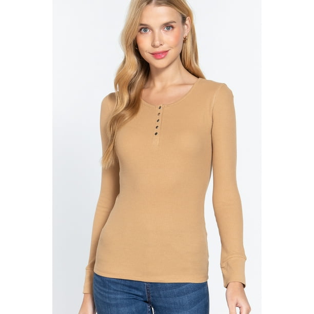 Women S Basic Henley Thermal Long Sleeve Knit T Shirt W Buttons