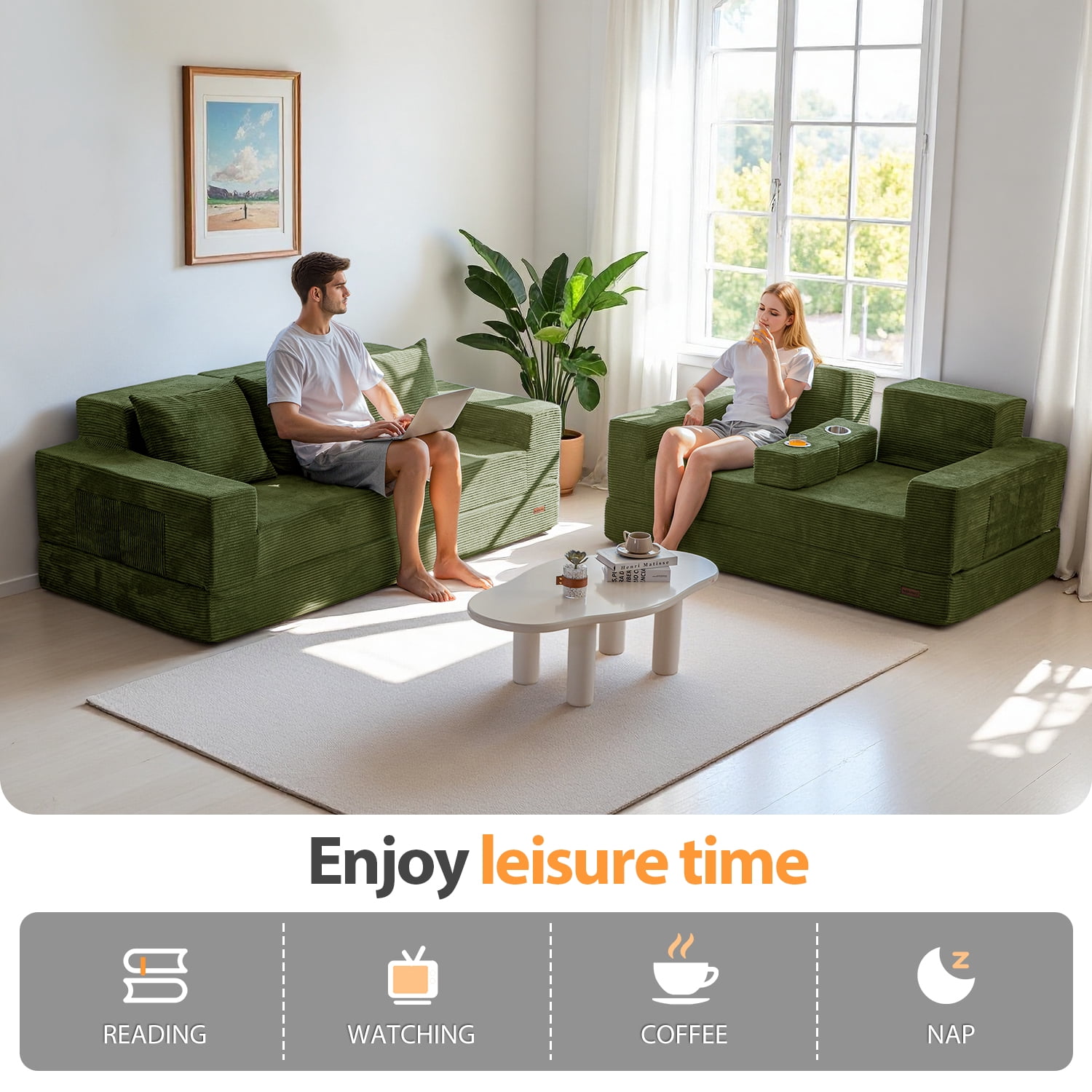 BYBYME Convertible Sofa Bed,Folding Lounger 4-in-1 Boneless Sofa with 3 Pillows and 2 Cup Holders,Floor Sofa for Small Spaces Such as Living Rooms,No Assembly Required,3 Seater,DGreen