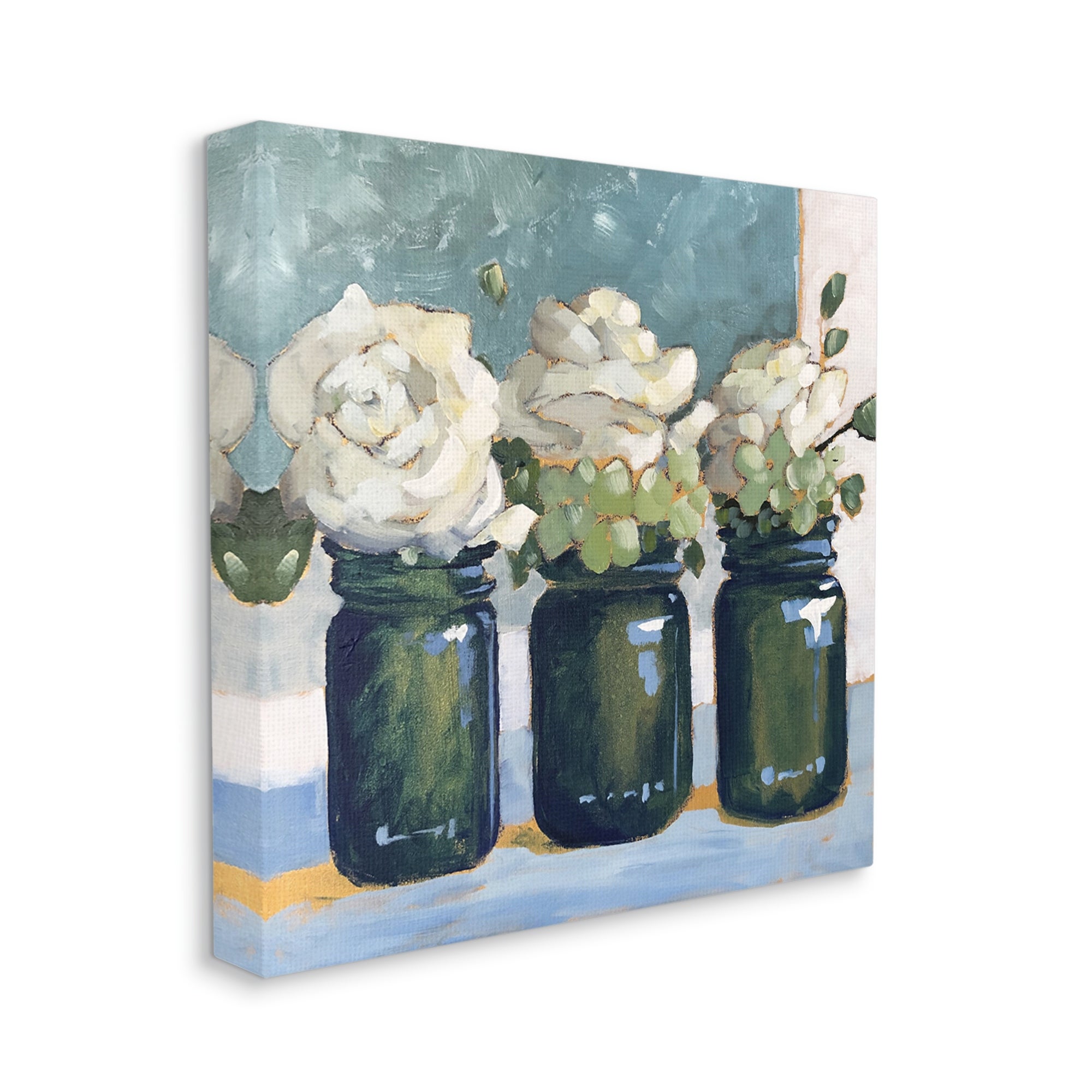 Stupell Industries White Roses Country Jars Floral Arrangement Bouquets Painting Gallery Wrapped Canvas Print Wall Art, Design by Sue Riger