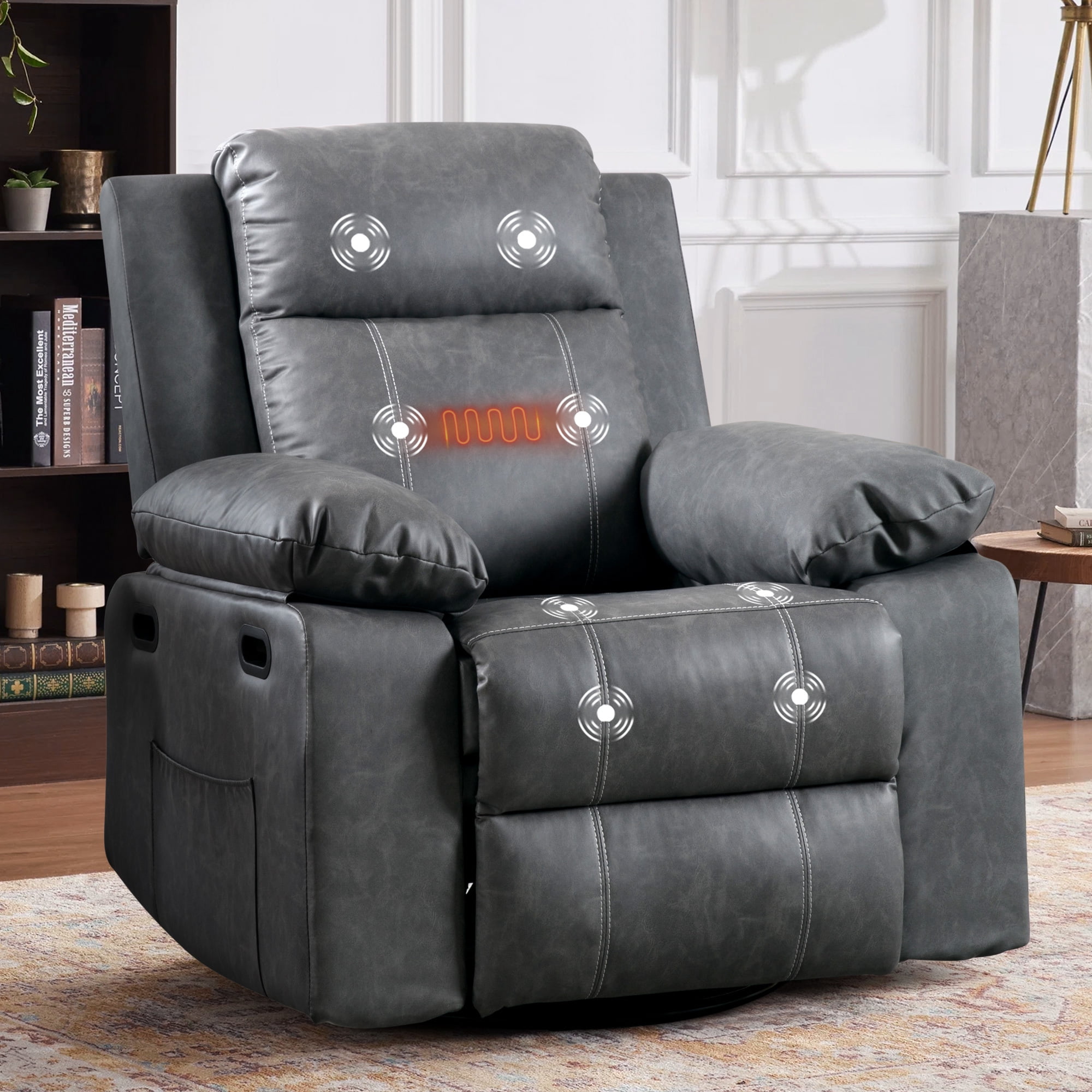 Dinosisco Swivel Rocker Recliner with Heat and Massage, Power Recliner Lounge Chair for Living Room, Gray Faux Leather