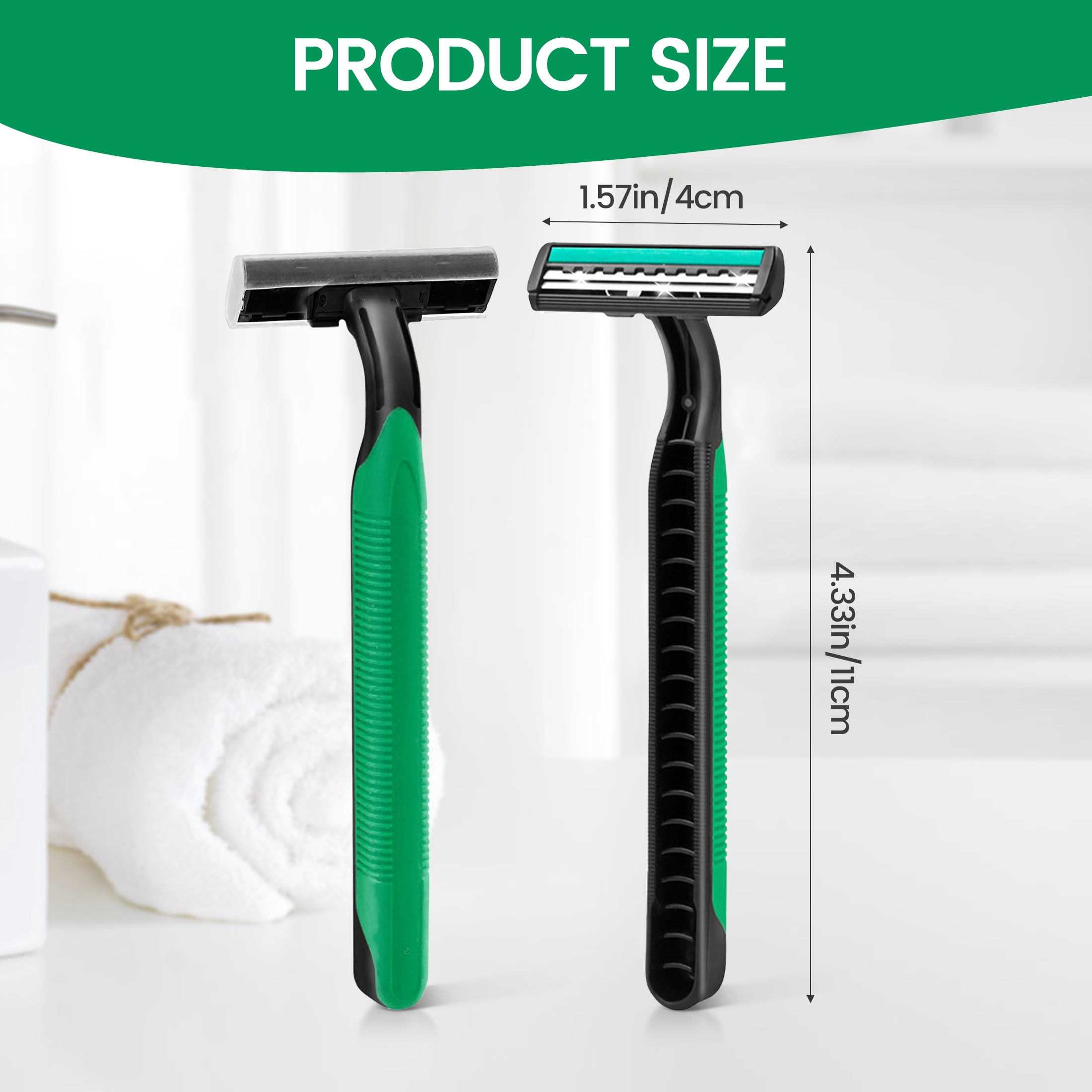 Individually Wrapped, Travel Size 2 Blade Disposable Manual Razor , for Travel, Hotel and Homeless Stainless Steel Blade (Green) (100)