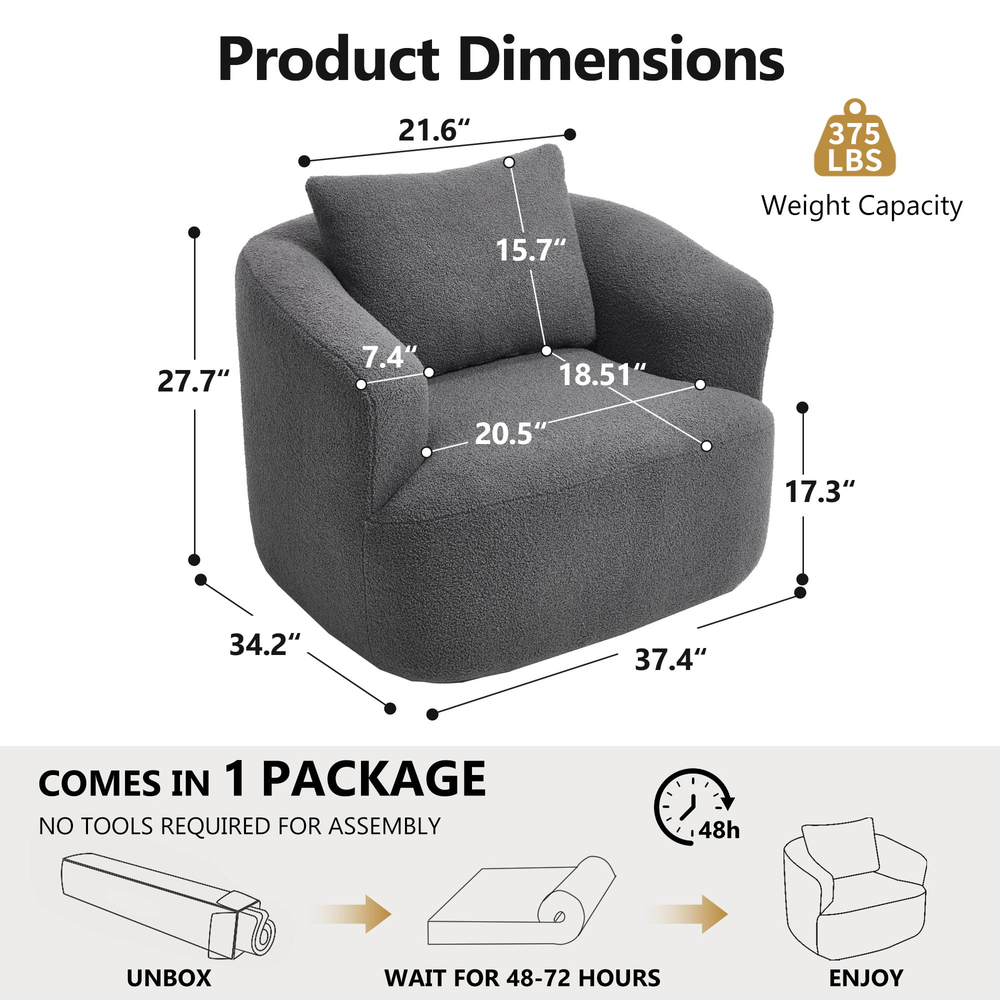 Swivel Accent Chair,360° Round Upholstered Armchair with One Soft Pillow,Teddy Fleece High-Resilience Sponge Single Sofa for Living Room, Bedroom, Apartment,No Assembly,Antique Dark Grey