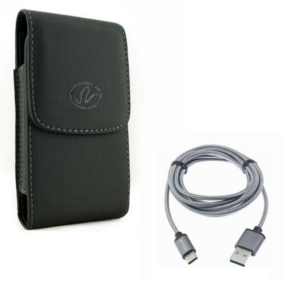 Black Leather Side Case Cover Pouch w Gray Braided 10ft Long Type-C Cable Rapid Charger Sync USB Wire V1W for Motorola Moto Z Force Droid G7 Power - OnePlus 6, 6T - Razer Phone 2