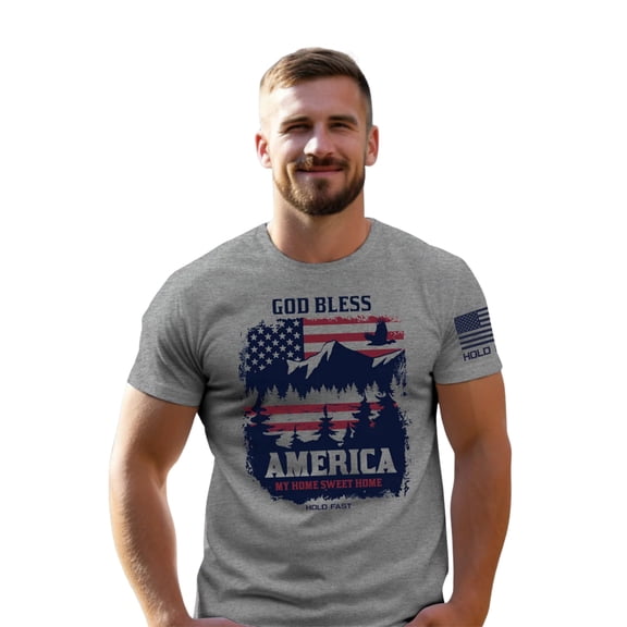 HOLD FAST Mens Short Sleeve Casual T-Shirt, God Bless America Scene, Athletic Heather, SM