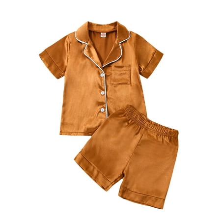 

Canrulo Toddler Baby Boy Girl Satin Silk Pyjamas Pjs Set Short Sleeve Button Down Loungewear 2 Pieces Nightwear Homewear Caramel Color 6-12 Months