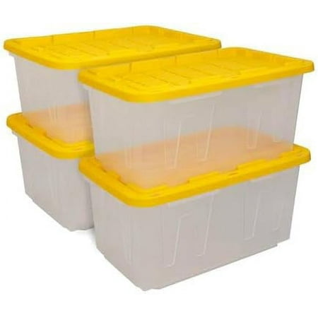 CX BLACK & YELLOW®, 27-Gallon Heavy Duty Clear Storage Container & Snap-Tight Lid, Clear & Yellow (14.3”H x 20.6”W x 30.6”D), Weather-Resistant, Stackable, See-Through Organization Tote [4 Pack]