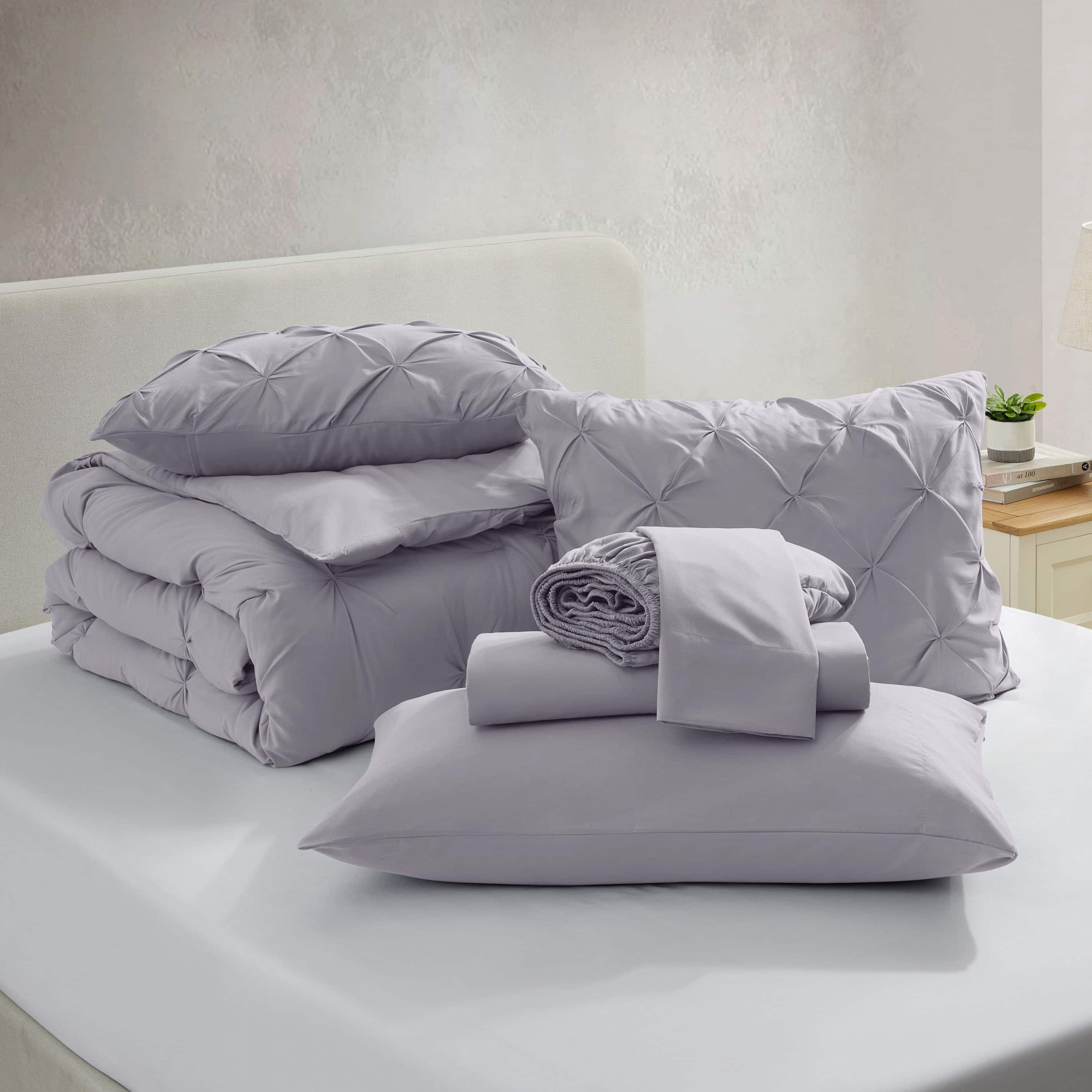 LammaLoe Full Size Comforter Sets, 7 Piece Bed In A Bag Pintuck Bedding Sets, Grayish Lavender