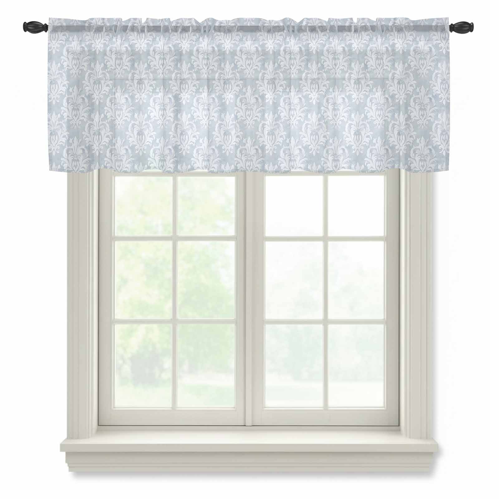 Haze Blue Boho Valance Curtains for Kitchen/Living Room/Bathroom/Bedroom Window, Rod Pocket Small Topper Half Short Window Curtains Voile Sheer Scarf, Neutral Middle Century Turkish Pattern 42"x12"