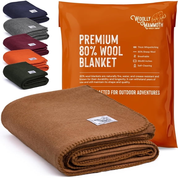 Woolly Mammoth Woolen Co. | Extra Large Merino Wool Camp Blanket | Perfect Outdoor Gear | Bedroll for Bushcraft, Camping, Trekking, Hiking, Survival, or Throw Blanket at The Cabin (Tan)