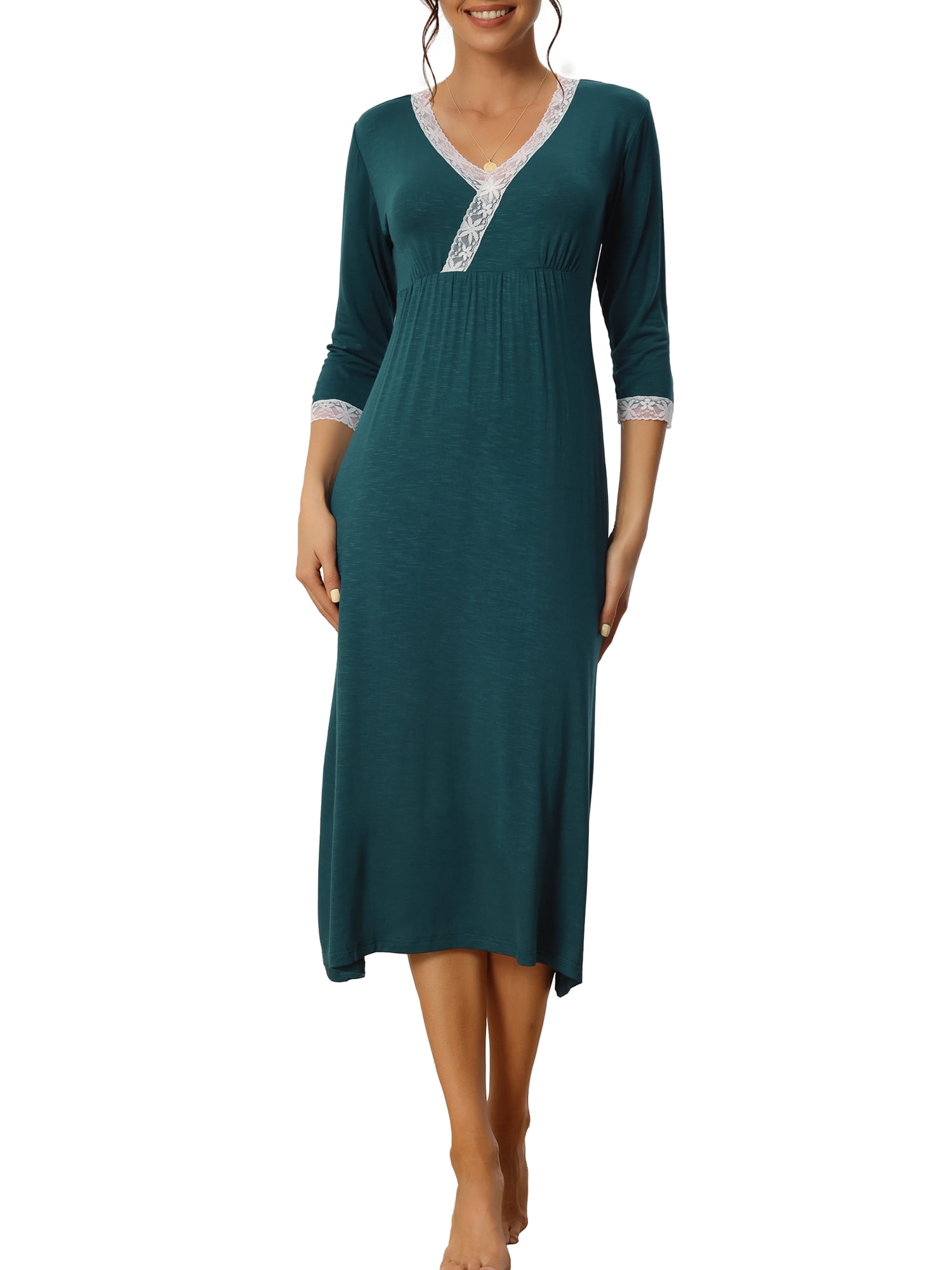 Unique Bargains Womens Sleepwear Soft Lace Trim V Neck Rayon Nightshirt Midi Nightgowns M Peacock Green