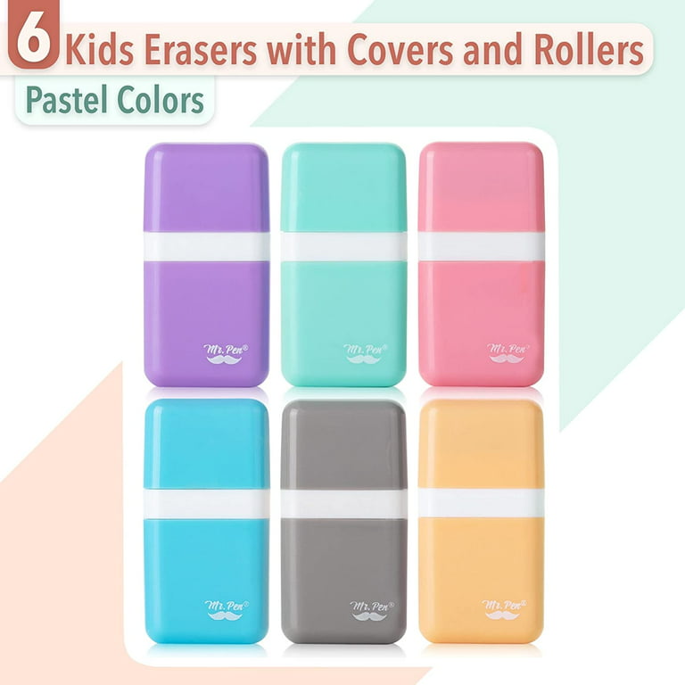 Mr. Pen- Erasers for Kids, 6 Pack, Pastel Colors, Eraser with Cover and  Roller, Pencil Eraser Shaving Roller case 
