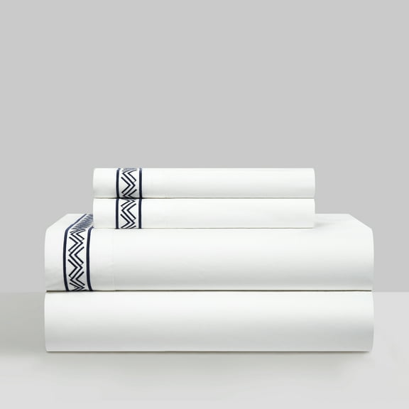 4 Piece Orden Organic Cotton Sheet Set Solid White With Dual Stripe Embroidery