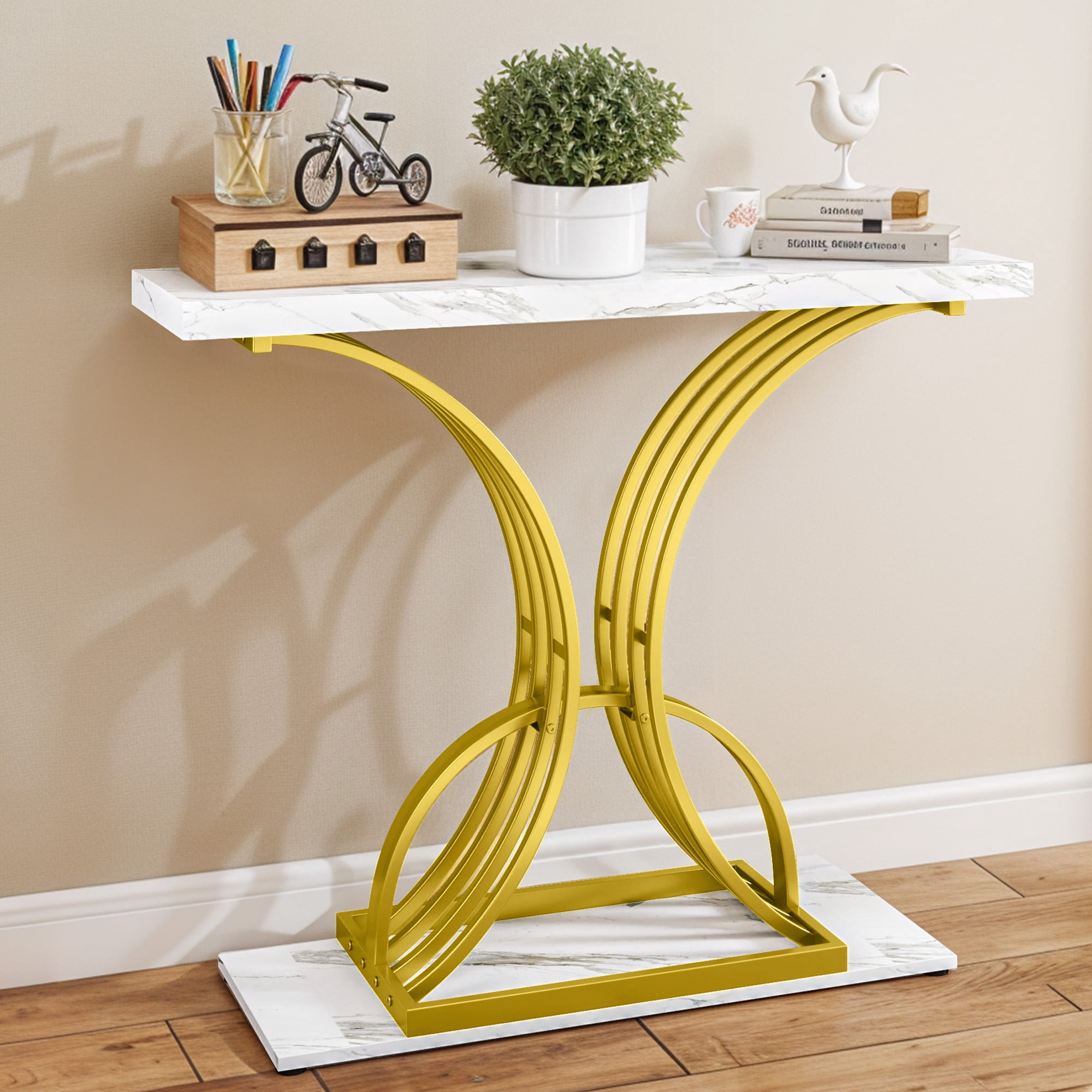 Uforic Luxury Console Entryway Table with Metal Base, Sofa Side Table, White & Gold