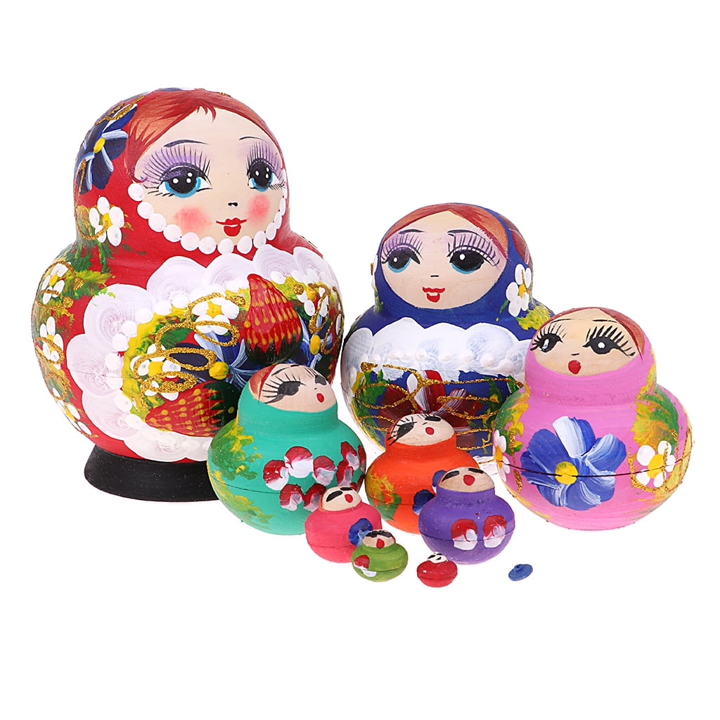 10pcs Wood Blue Girls Russian Nesting Doll Babushka Matryoshka Stacking Doll 