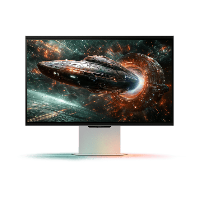 monitor gamer 27'' samsung odyssey g9 oled 4k 165hz silver — Vista frontal centrada de monitor 4K gaming Samsung Odyssey G9 de 27'' plateado con panel QD‑OLED (3840 x 2160), soporte central y base, imagen de nave espacial en pantalla, LED inferior con iluminación ambiental y acabado antirreflejos; también adecuado como monitor de edición de video por su alta resolución.