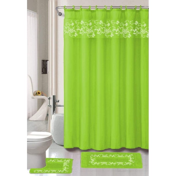 18 Pieces Shower Curtain with Matching Fabric Hook, Embroidery Bath Mat,Contour Rug and Towel