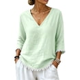 thumbnail image 5 of Ayolanni Solid Shirts for Women Cotton V-Neck 3/4 Sleeve Blouse Fringe Casual Oversized Shirts Tops for Women 2026 Green M, 5 of 8