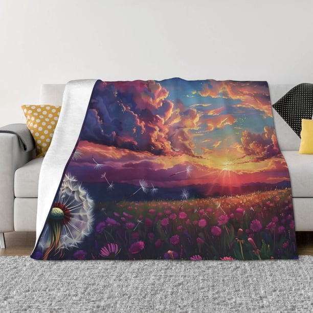 Balery Dreamy Dandelion Sunset Manta de Franela con Dibujo, Lujo Ultra Suave y Cálido, Antipelusa y Resistente a las Arrugas para Cama, Sofá, Camping -80"x60"