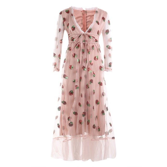 Robe à Paillettes à la Fraise Mode pour Femmes Été à Manches Courtes Ou Longues à Col en V
