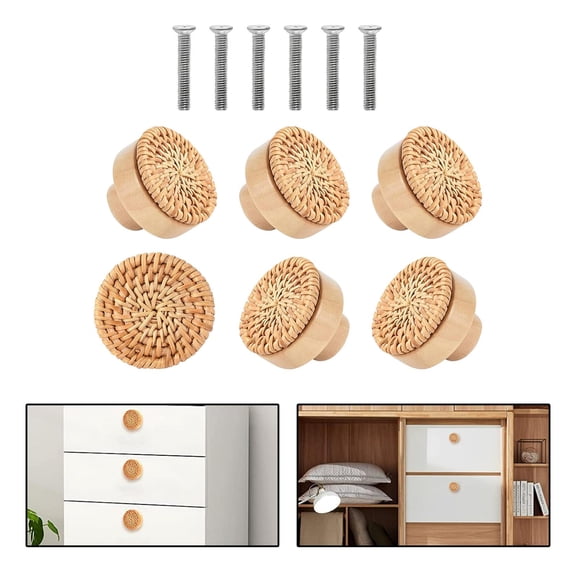 6x Rattan Drawer Knobs Boho Modern Wooden Drawer Pulls Cabinets Handles Rattan Furniture Knobs for Home Closet Wardrobe