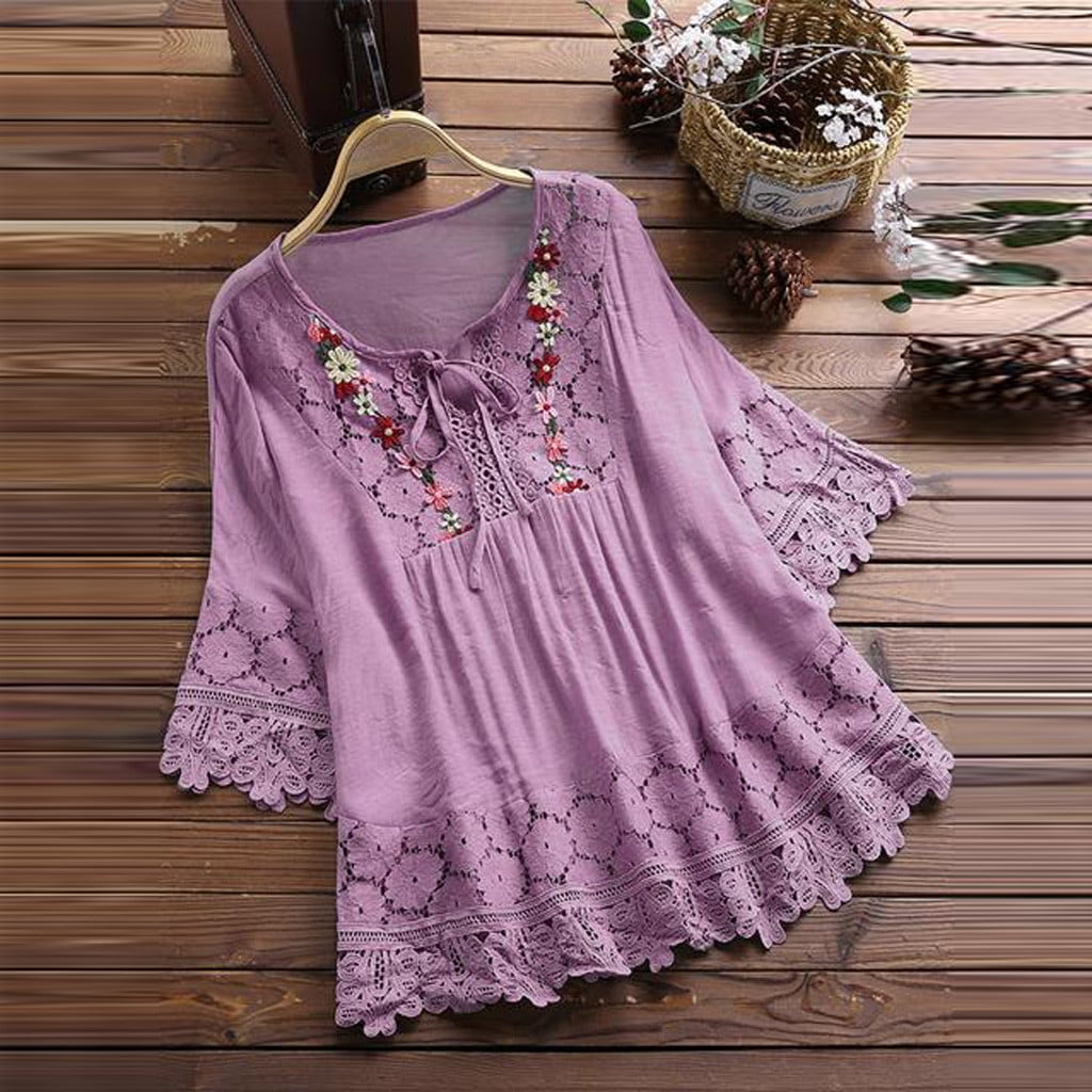 up to 60% off Gifts Usmixi Womens Tops Sexy Lace Hollowed Retro Embroidery  Plus Size Strappy Flowy Swing Tunic Shirts Summer Cute Solid V-Neck 3/4