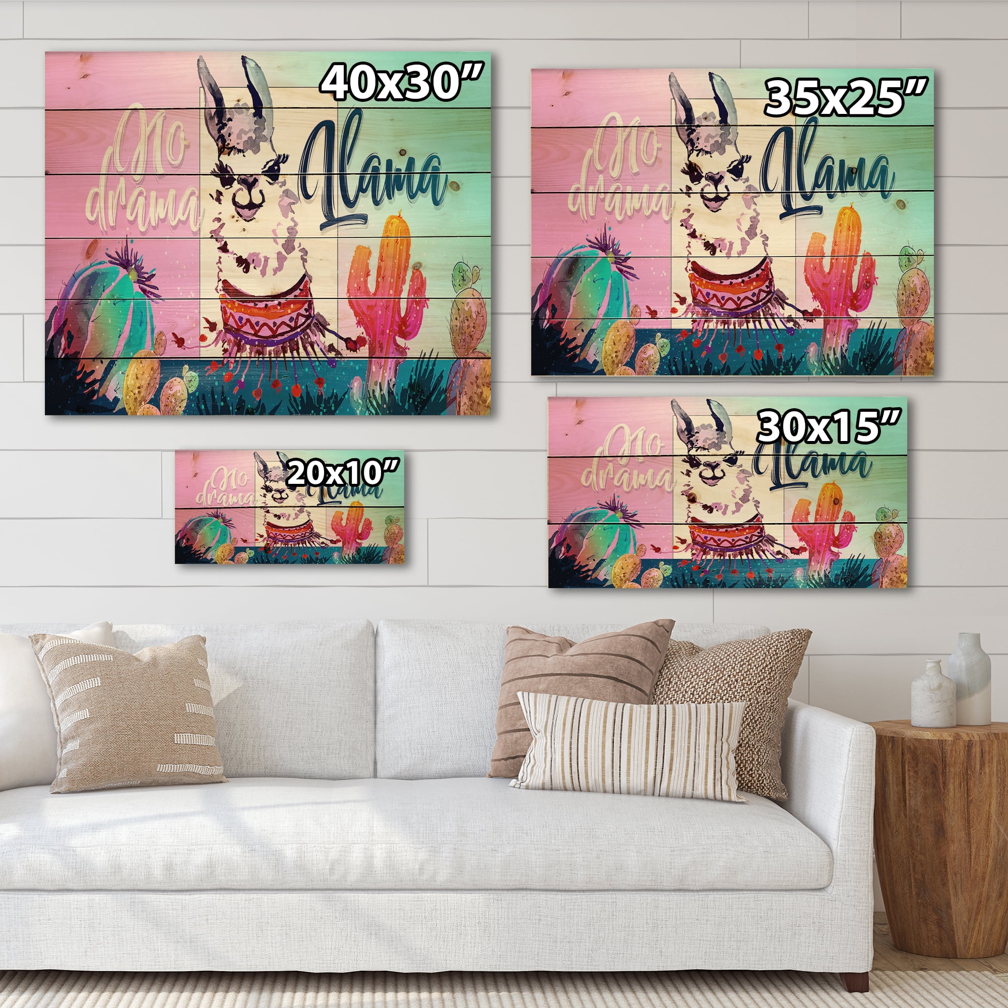 Designart 'No Drama and Colorful Llama' Children's Art Print on Natural Pine Wood