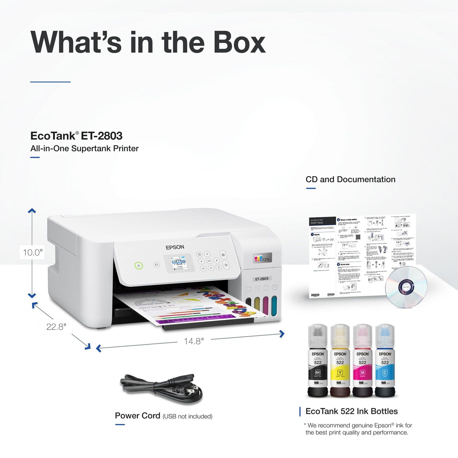 Epson EcoTank ET-2803 Wireless Color All-in-One Cartridge-Free Supertank Printer with Scan and Copy