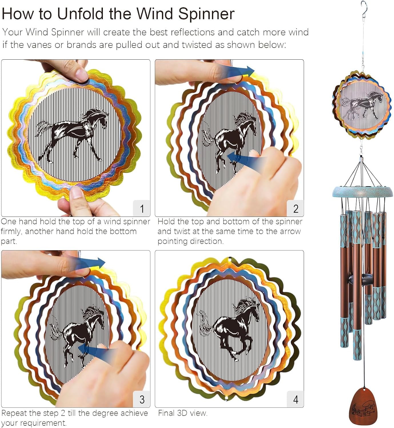 Wind Chimes for Outside with 3D Animations Horse Wind Spinner,37" Memorial Wind Chimes Outdoor Garden Decor,Horse Gifts for Women Mom Grandma Men Father,Patio Decorations,Garden Ornaments