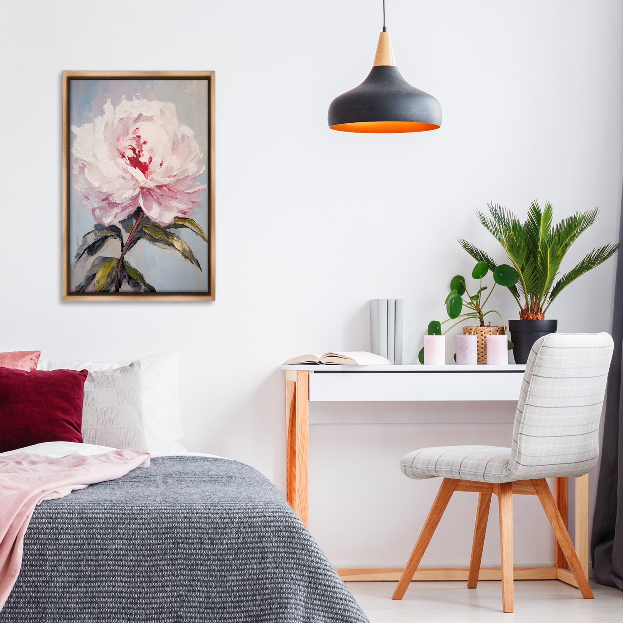 Stupell Industries Pale Pink Rose Botanical & Floral Painting Brown Floater Framed Art Print Wall Art, 21 x 31