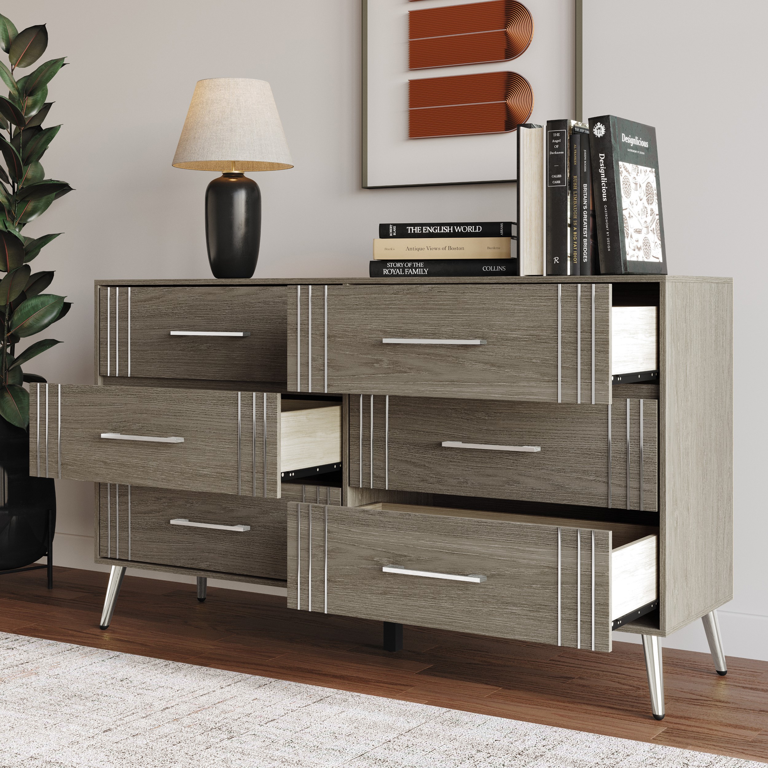 Home Design Ashwin 6-Drawer Dresser with Spacious Storage and Silver-Tone Tapered Legs, Gray, Easy Assembly