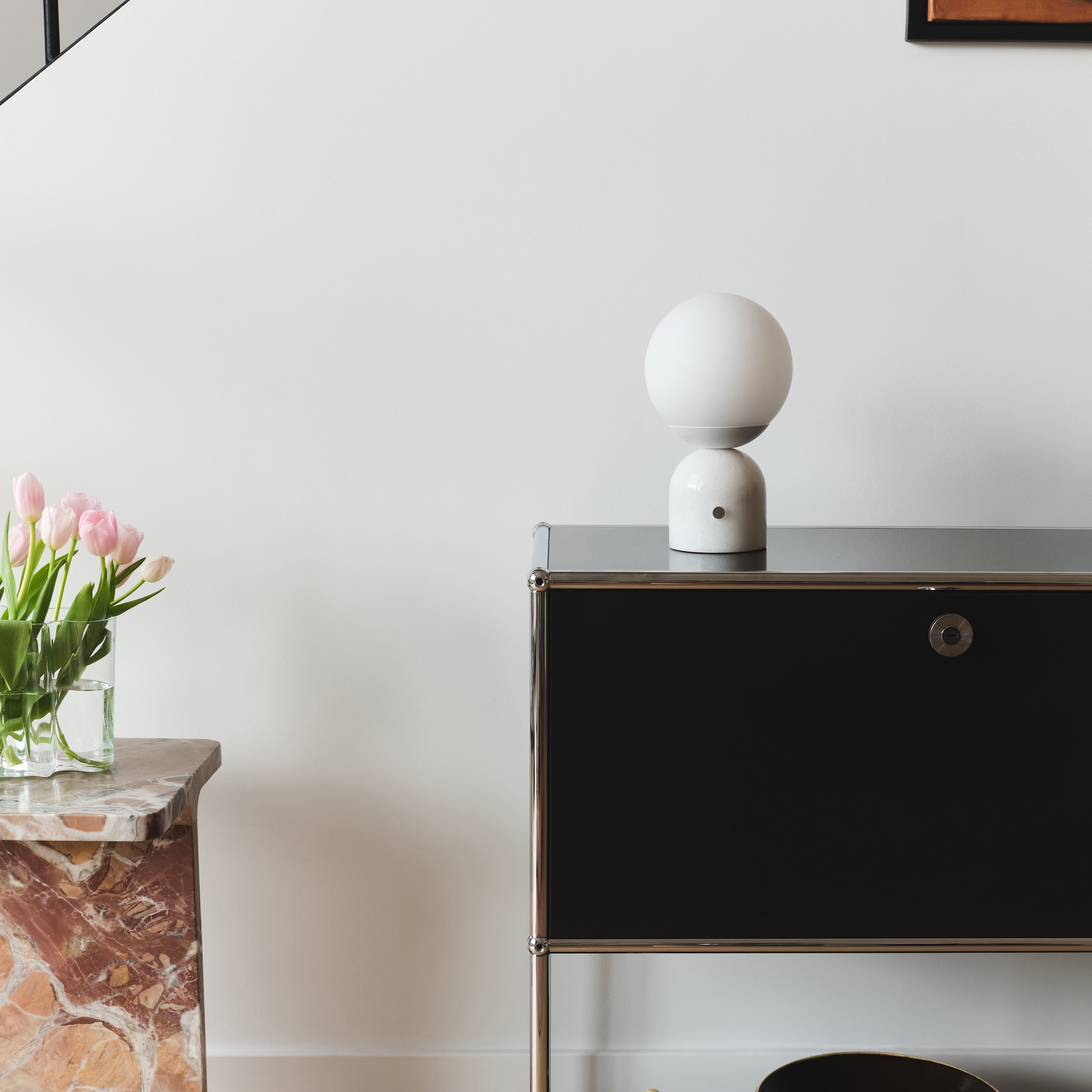 Brightech Mila LED Table Lamp - Bedside Reading Light with Elegant Marble Base, Modern Desk Lamp, Nightstand Lamp with Ambient Lighting - Modern Globe Lamp Shade - White