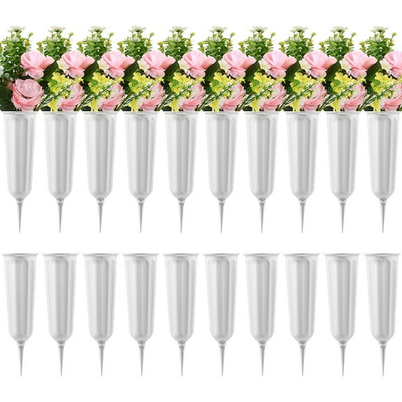 20 Pack Cemetery Vases with Spikes,Plastic Vases for Flowers,Grave Decorations for Cemetery,Grave Flower Holder,20 x Flower cylinder(Flowers are not included in the shipment),White