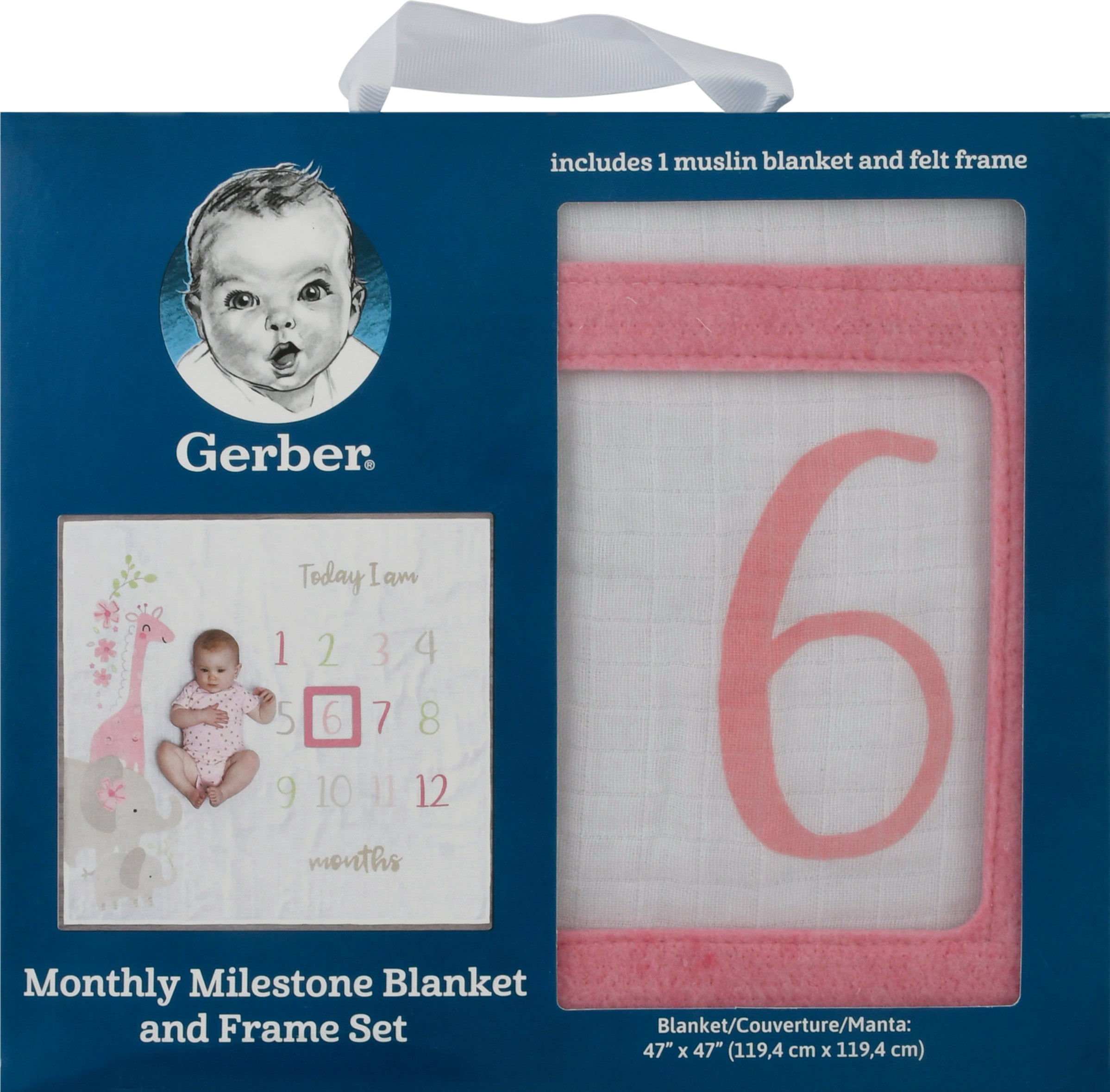 Gerber Baby Girl Milestone Blanket & Frame Set, 2-Piece, White Safari