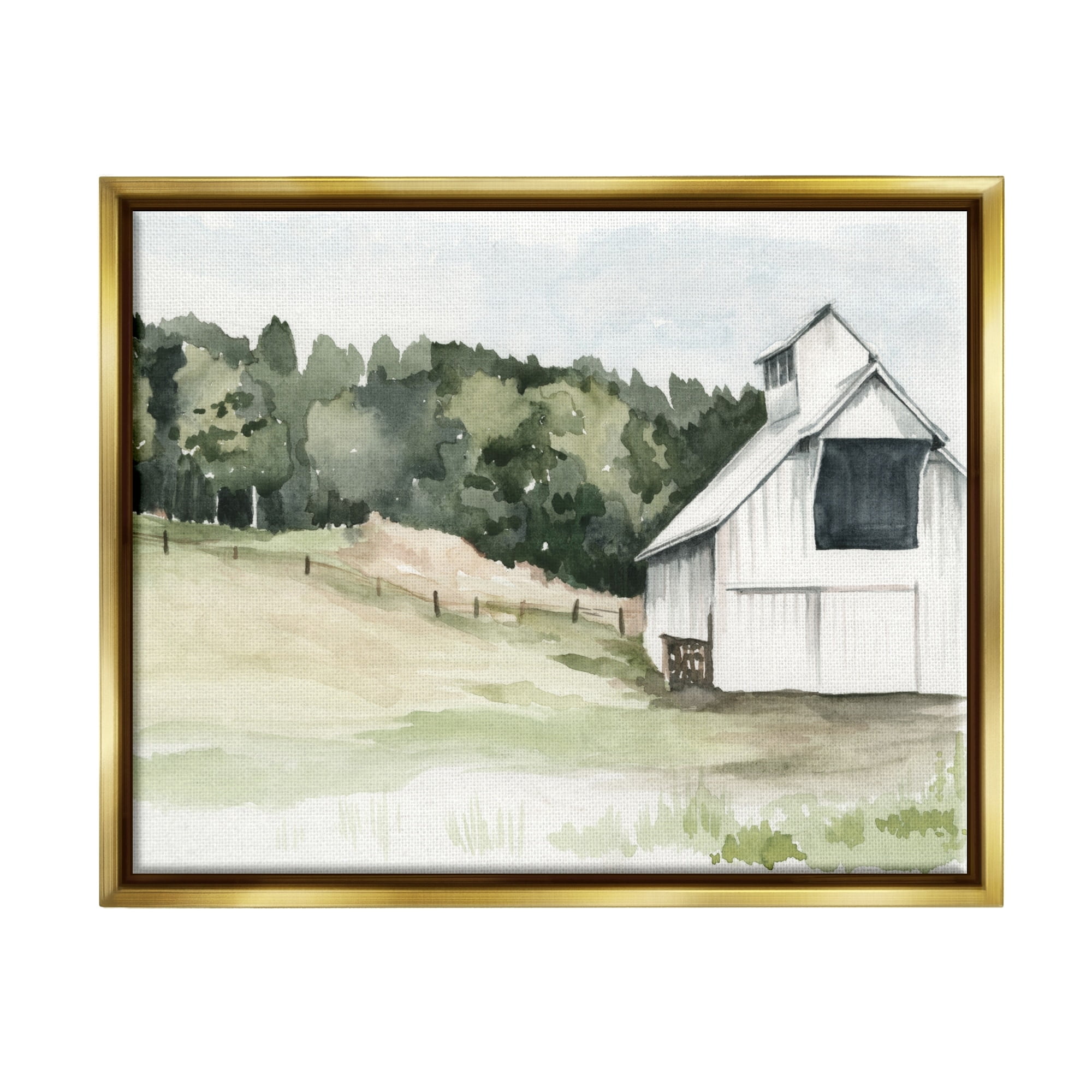 Stupell Industries Quiet Countryside Farmhouse Cottage Green Pasture Metallic Gold Framed Floating Canvas Wall Art, 24x30, by Jennifer Paxton Parker
