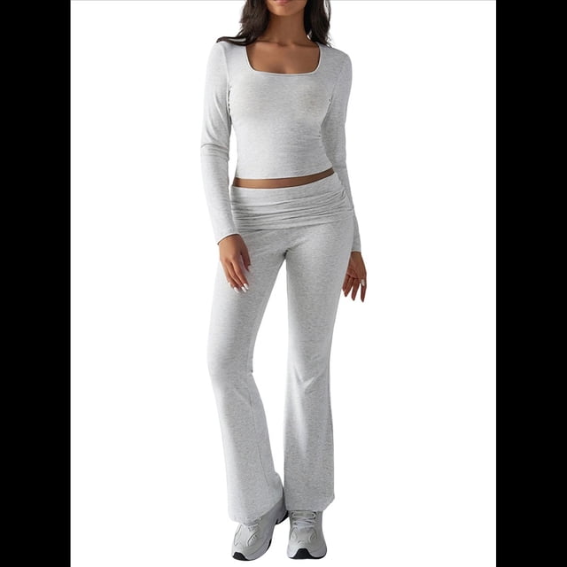 Conjuntos de Salón para Mujer, Conjuntos Casuales Y2K de 2 Piezas, Tops Cortos de Corta, Pantalones Acampanados con Pliegues y Chándales. Gris L