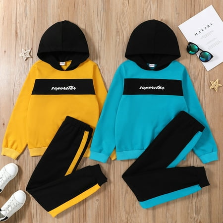 

PatPat Kid Boy Letter Print Colorblock Hoodie Sweatshirt and Pants Casual Set for boy 2-piece Sizes 4Y-12Y