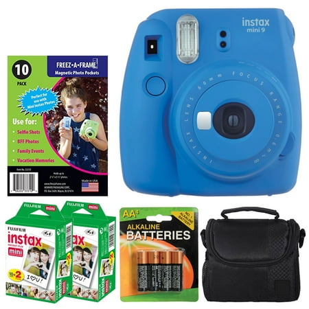 Fujifilm instax mini 9 Instant Film Camera (Cobalt Blue) + Freez-A-Frame Magnetic Photo Pockets + Fujifilm Instax Film (40 Shots) + Small Case (Black) + 4 AA Batteries - Valued Accessory